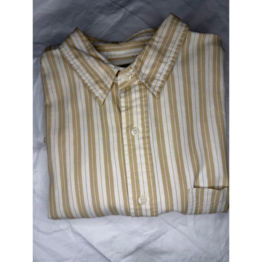 Bugle Boy Men Classic Tan White Striped Short Sleeve Button Down Shirt Crest‎ L